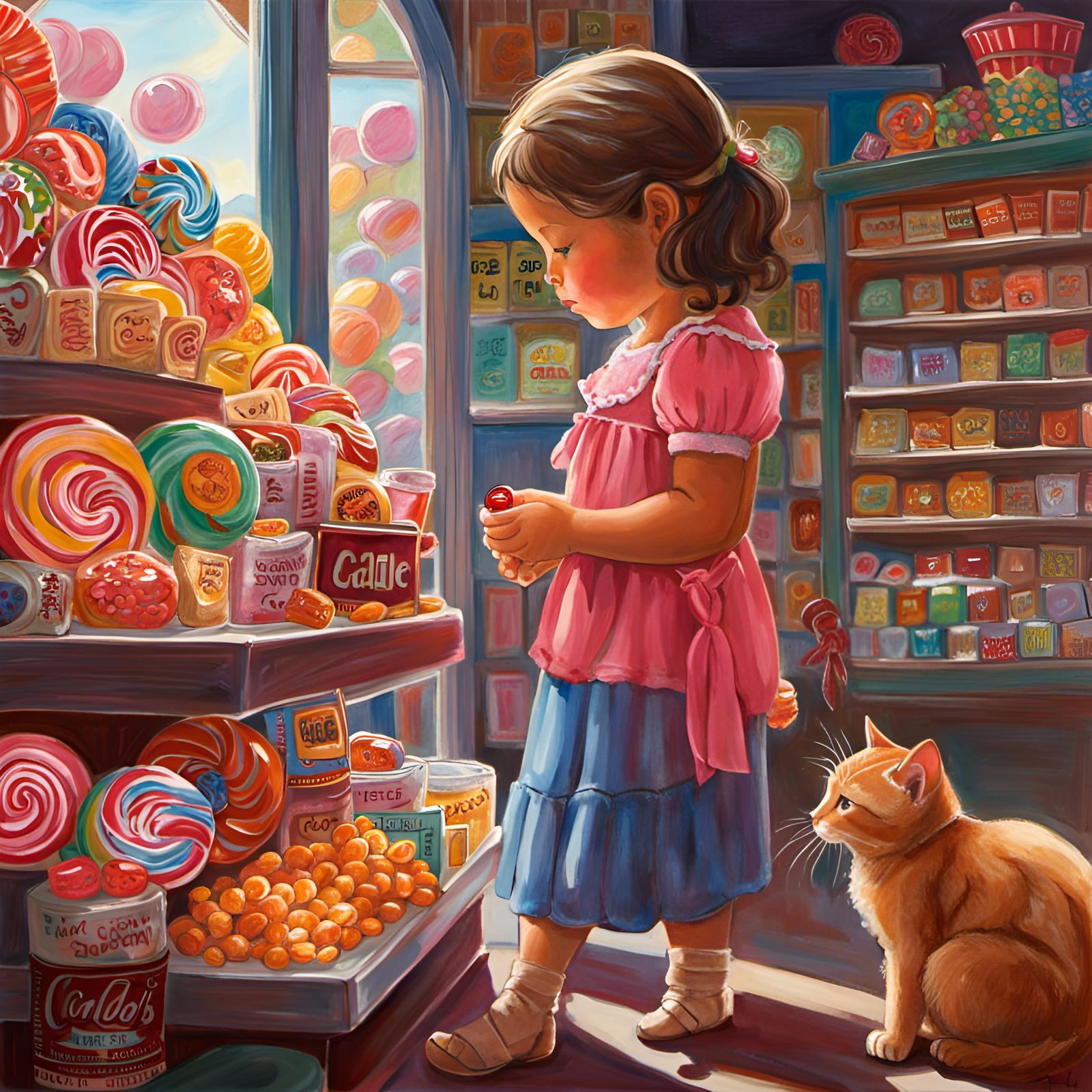 Toddler and Cat in Candy Shop: Adorable Art
