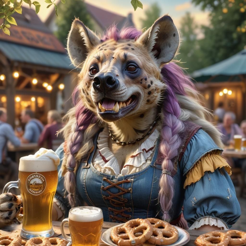 Furry She-Hyena in Bavarian Beer Garden