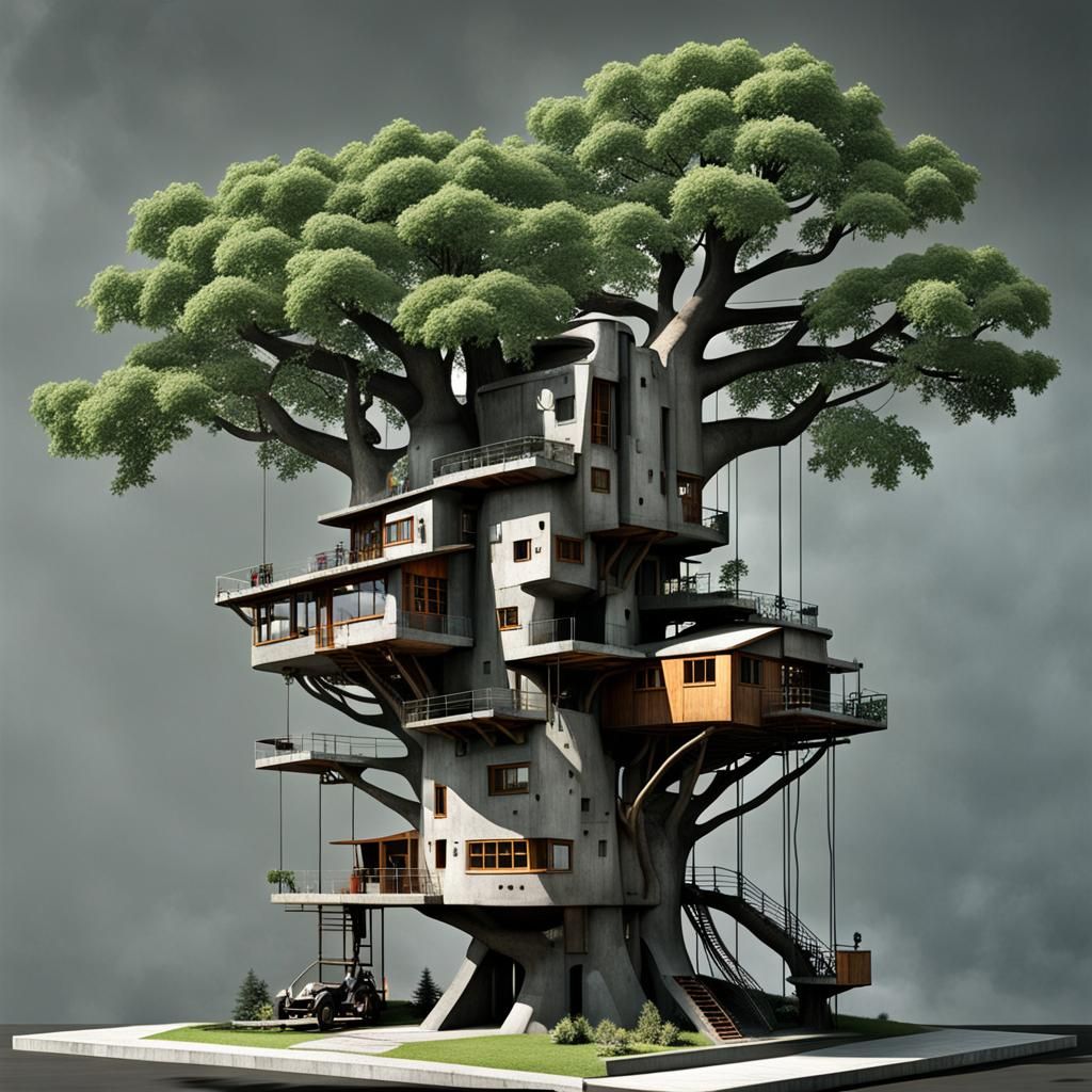 Concrete Treehouse with Steampunk Engine