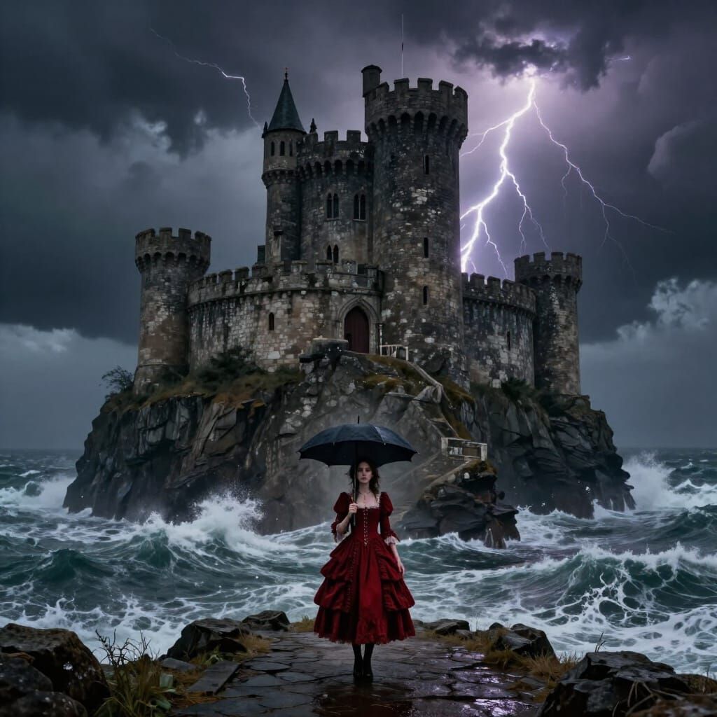 Woman in Red Dress at Stormy Castle