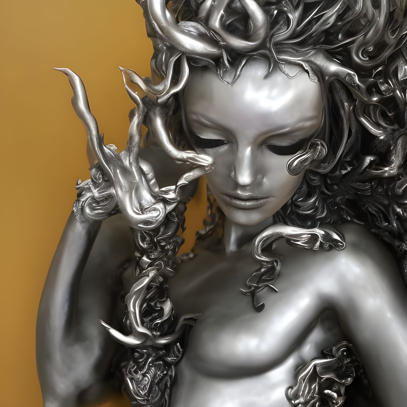 Silver Sculpture Close-Up: Detailed Monochromatic Masterpiec...