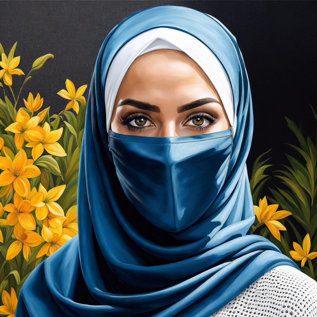 Beautiful Hijabi Woman with Facemask in Oil Painting