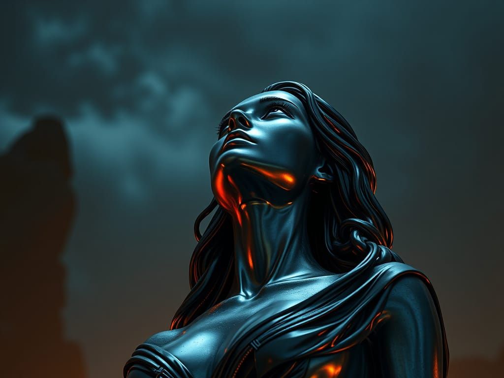 Surreal Dystopian Goddess Ascends in Dark Futuristic Landsca...