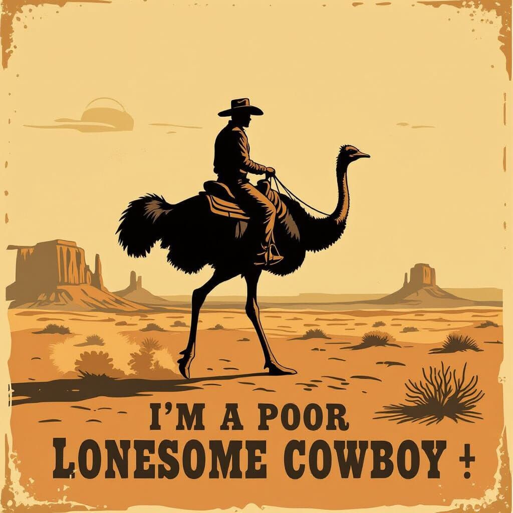 Vintage Cowboy Rides Ostrich Across Desert Landscape