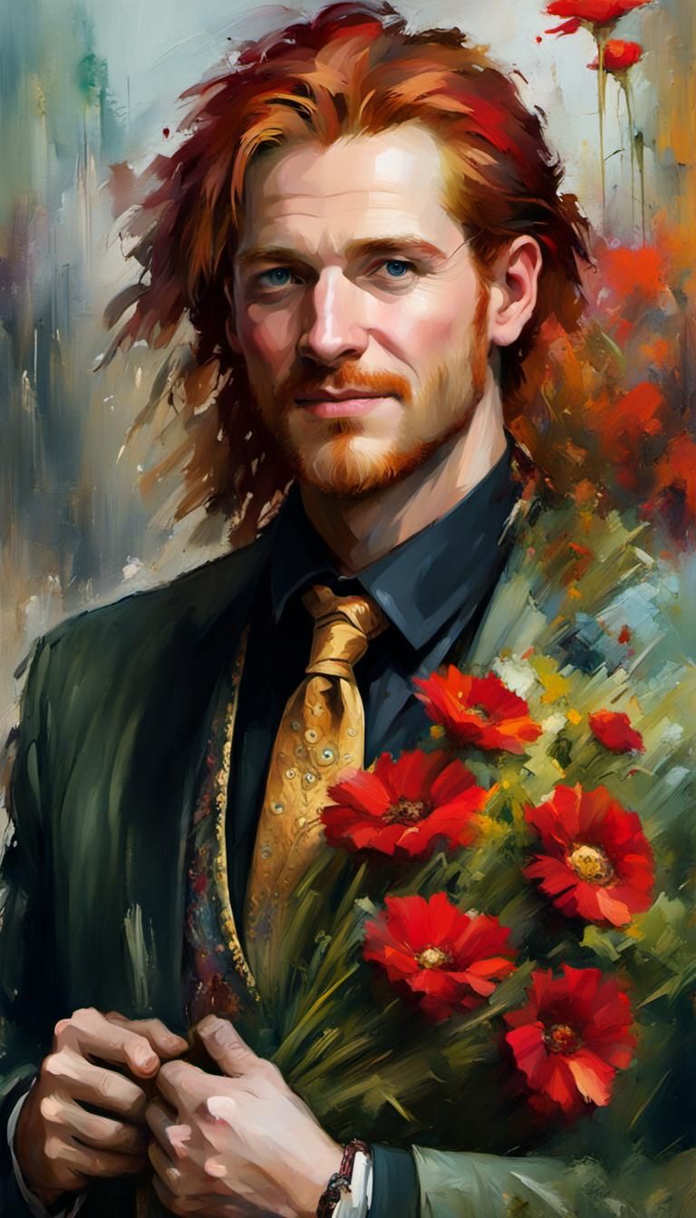 Handsome Redhead in a Floral Fantasy Landscape