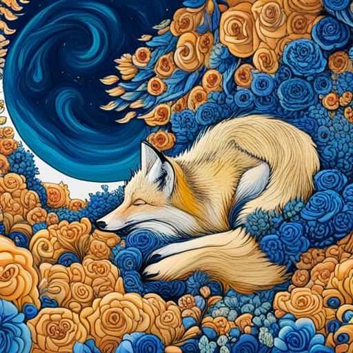 Floral Fox Sleeping on the Moon: Fantasy Art