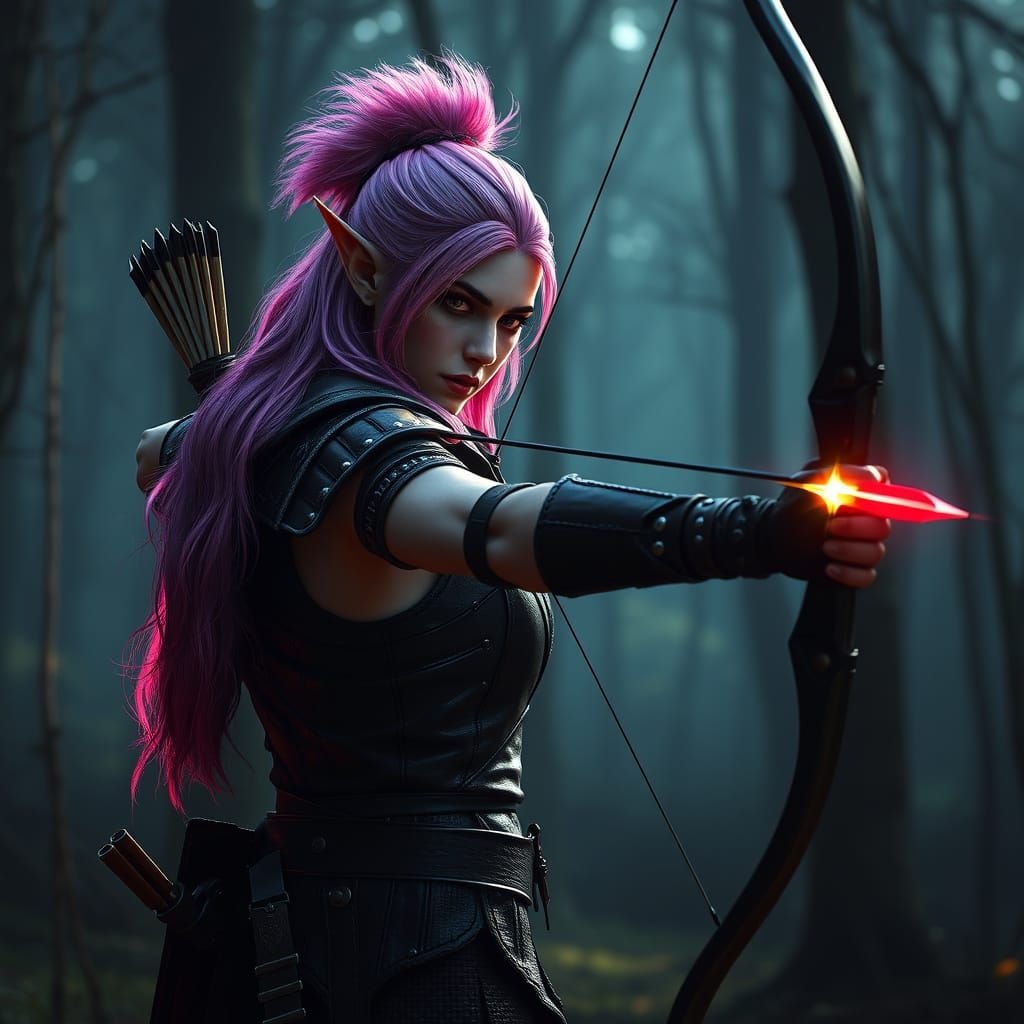 Fierce Pink-Haired Elf Huntress in Mystical Forest