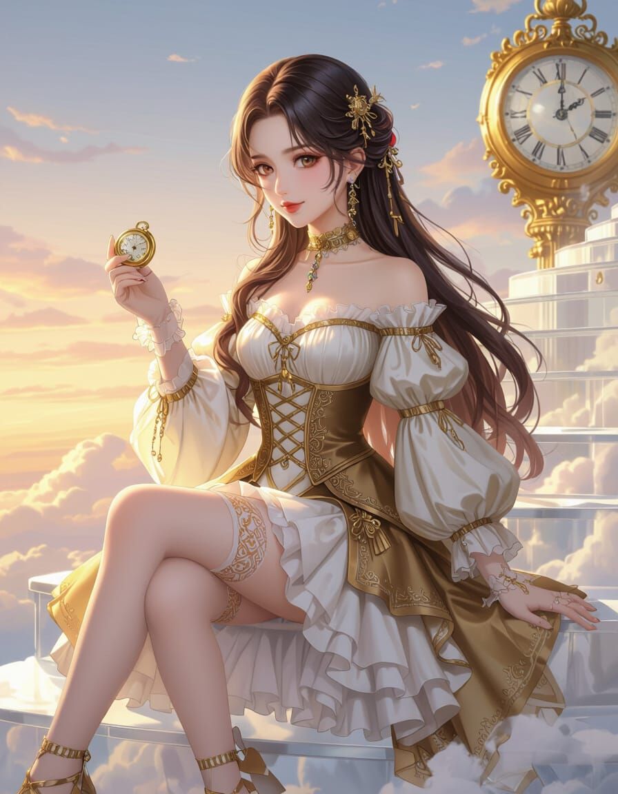 Anime Girl with Multicolored Hair and Golden Pocket Watch