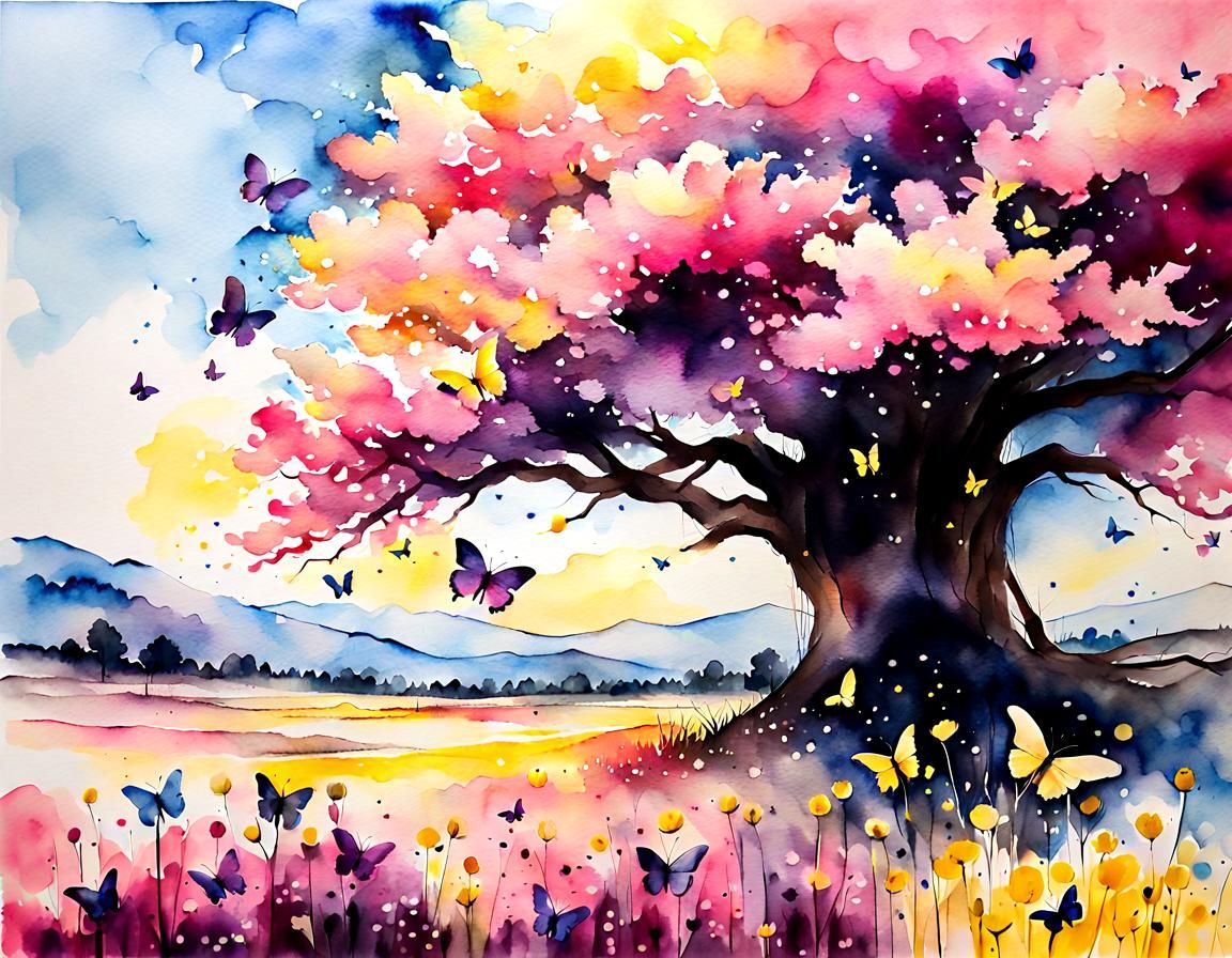 Magical Butterflies in a Flower Meadow, Watercolor Art