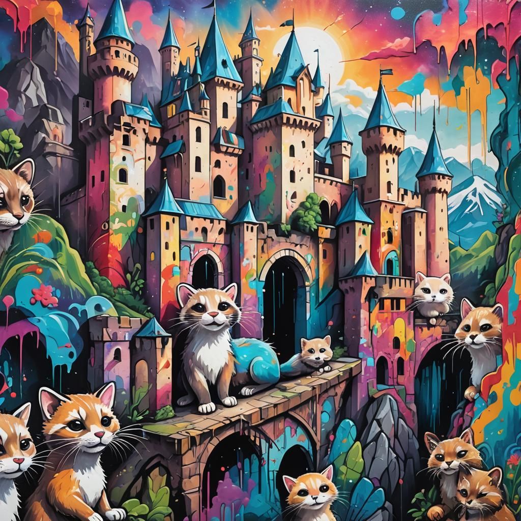 Ferrets and Cats Explore Castle in Street Art