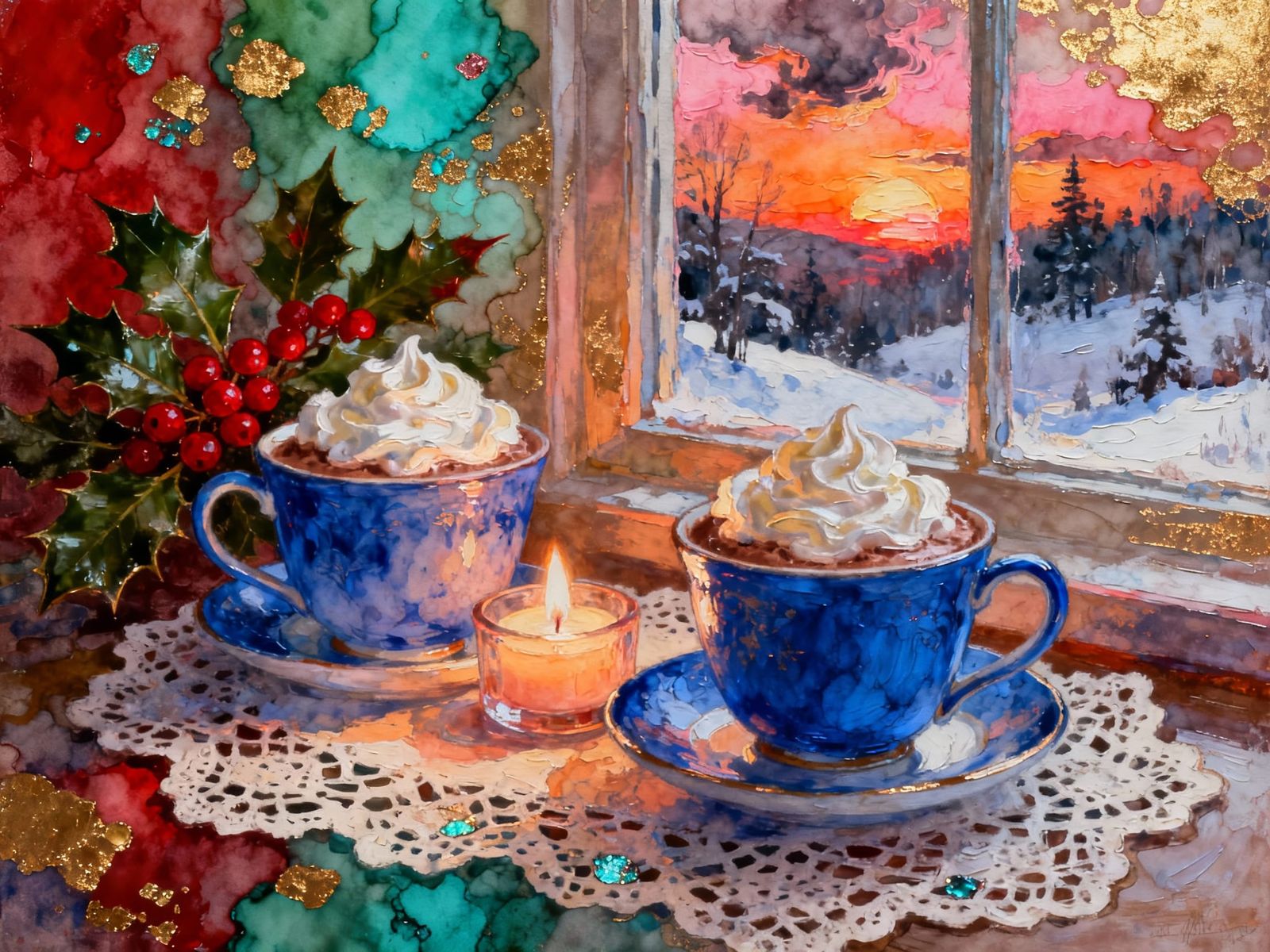 Elegant Christmas Cocoa with Winter View Oil Painting