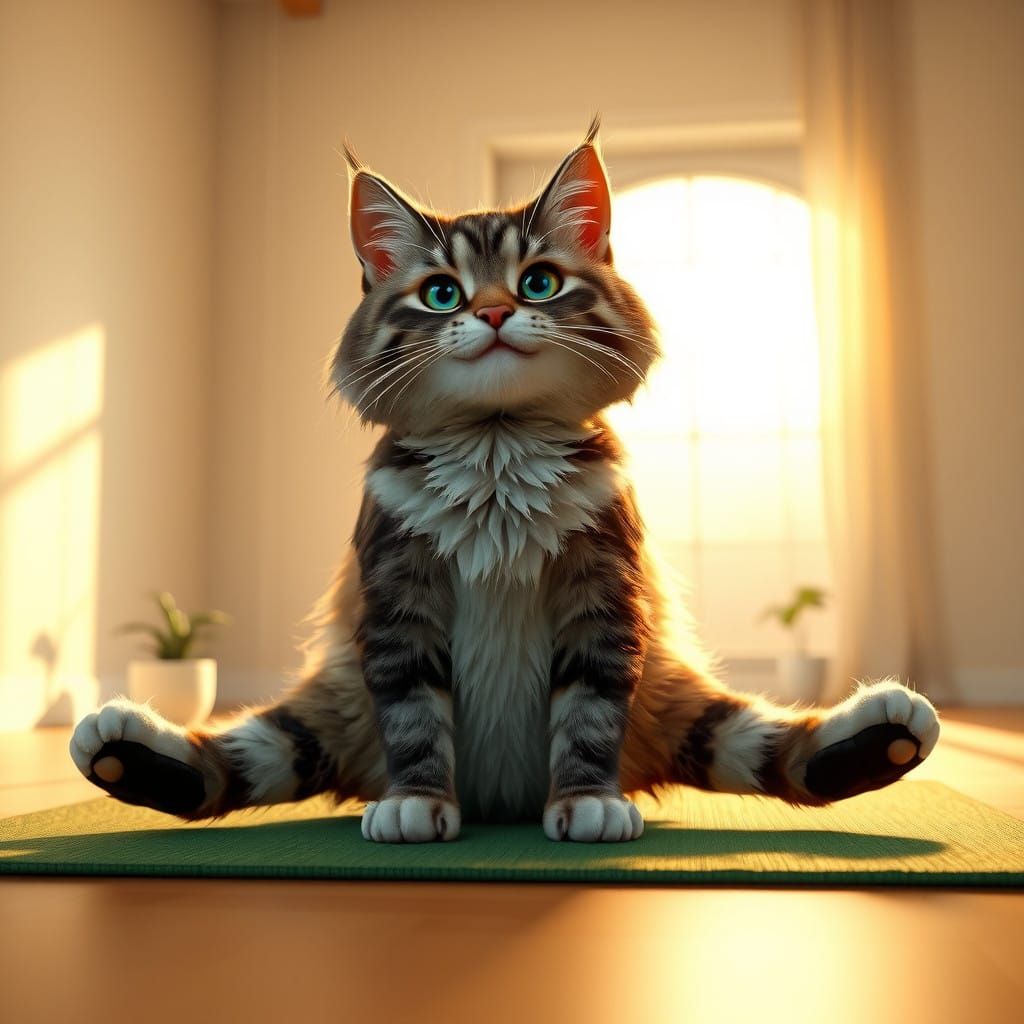 Whimsical Cat Adorns Vibrant, Golden Hour Interior