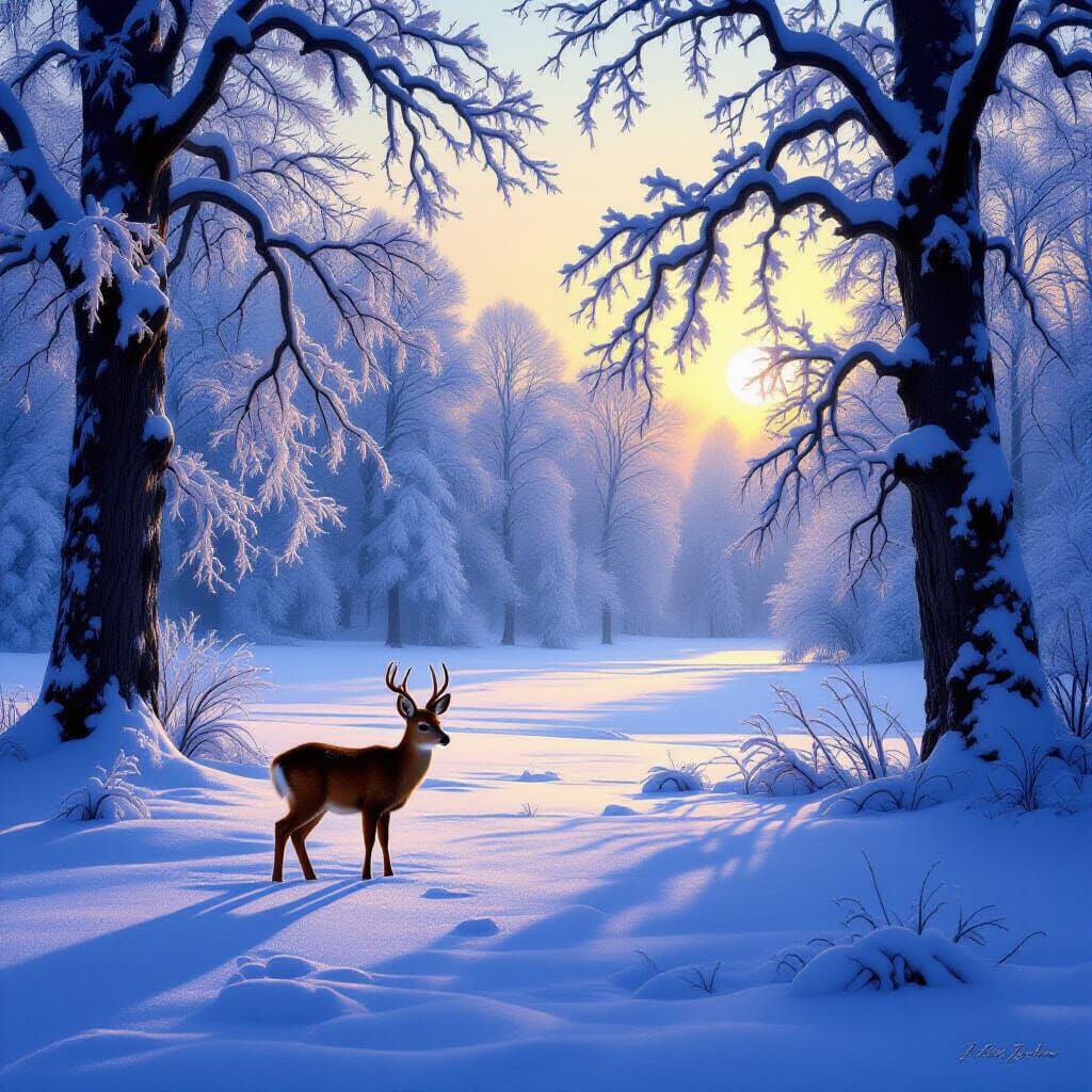 Roe Deer Fawn in Snowy Dawn Forest