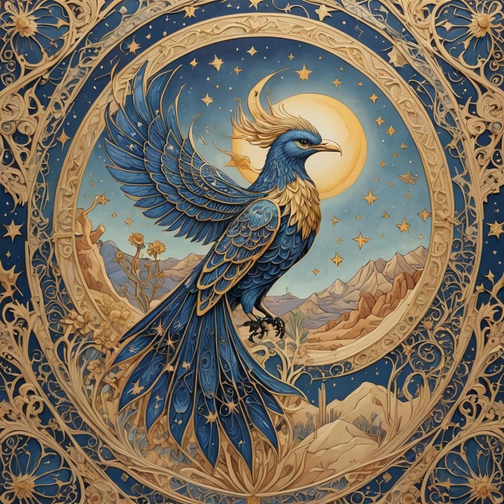 Blue and Gold Firebird Rising Above Desert
