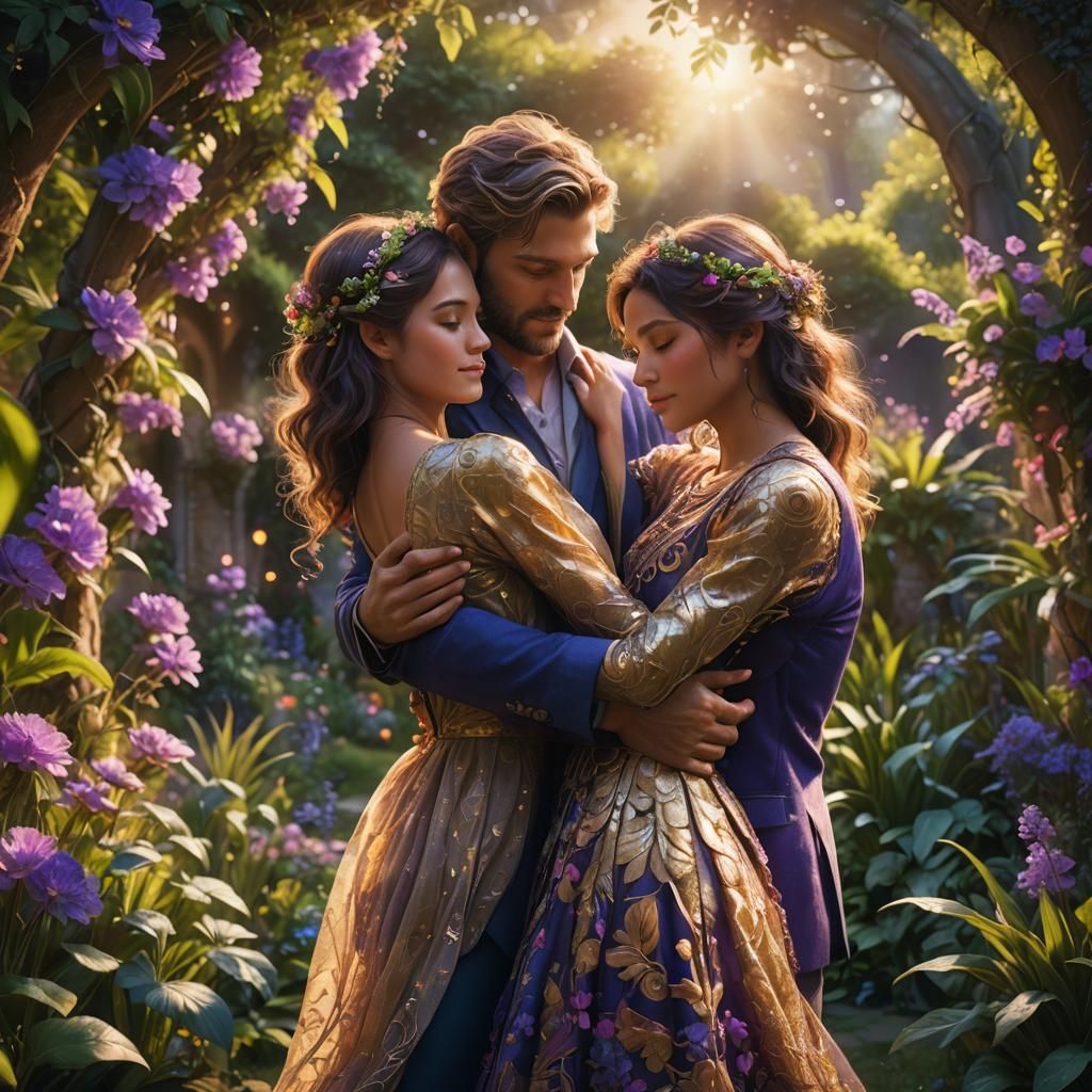 Enchanting Couple Embrace in Lush Art Nouveau Garden