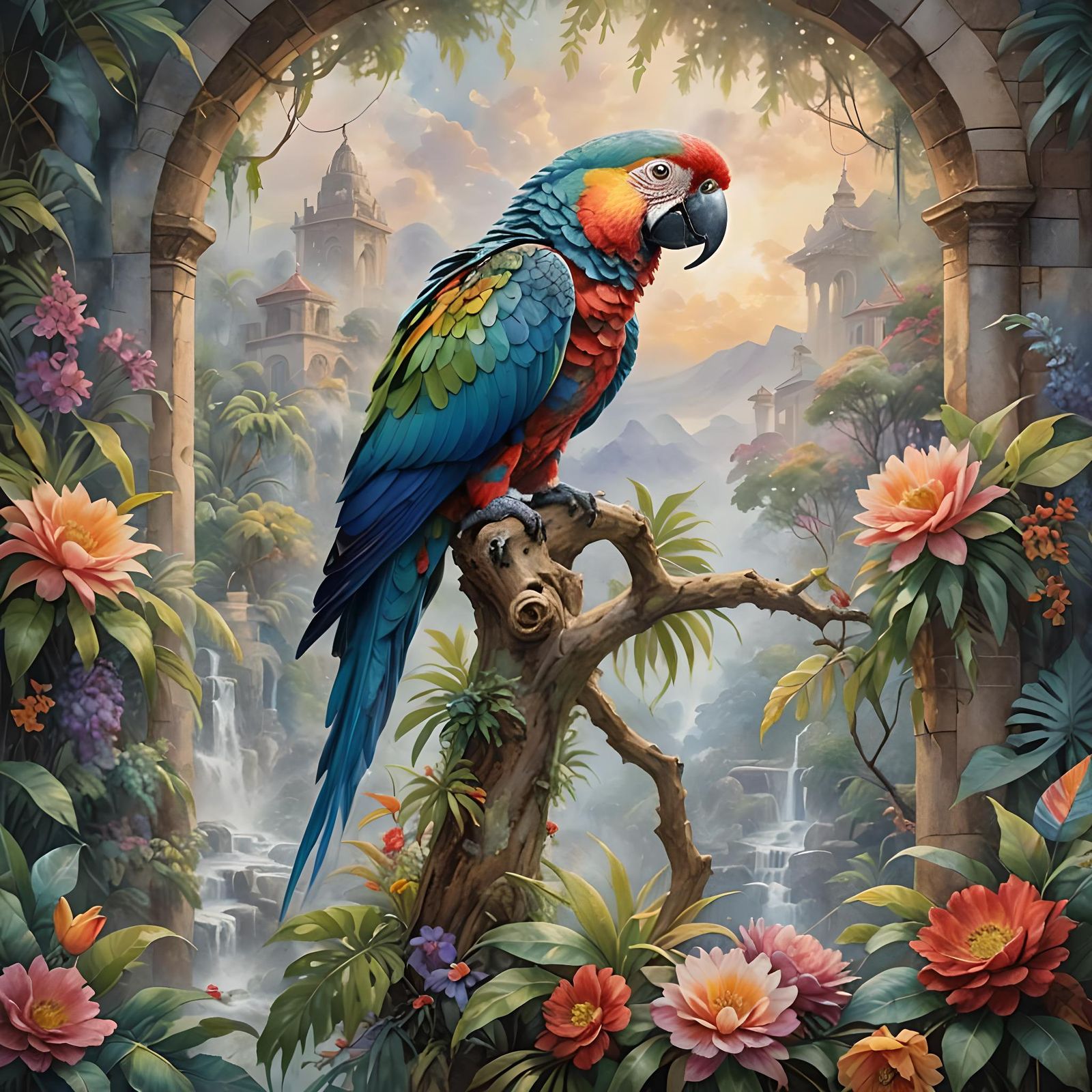 Colorful Parrot with Mandala in Impressionist Watercolor