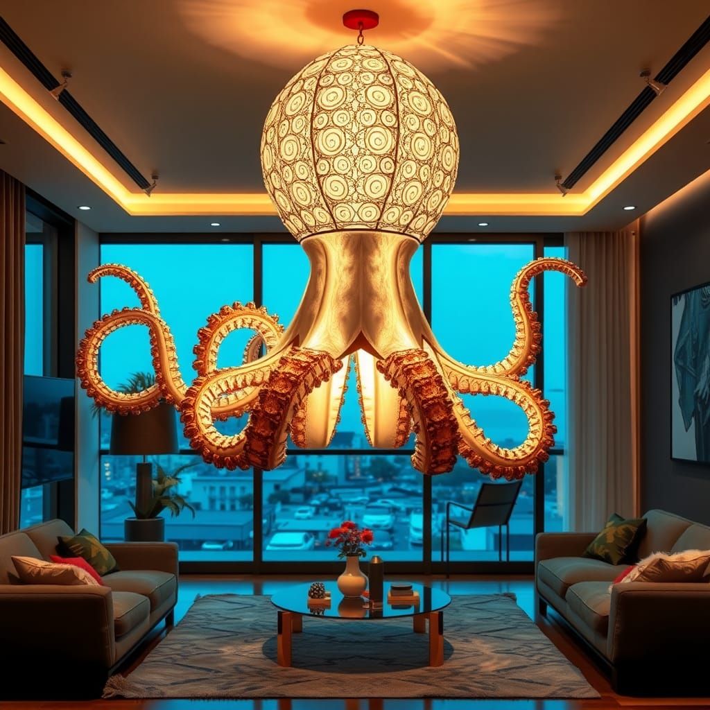 Intricate Octopus Fabric Pendant Light in Modern Living Room