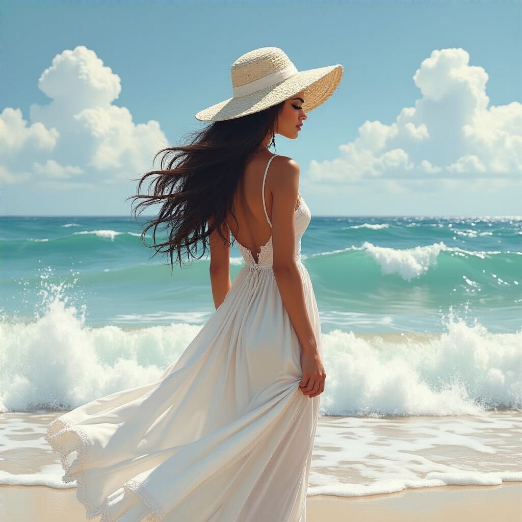 Puerto Rican Model at Ocean's Edge in Dreamy Impressionism