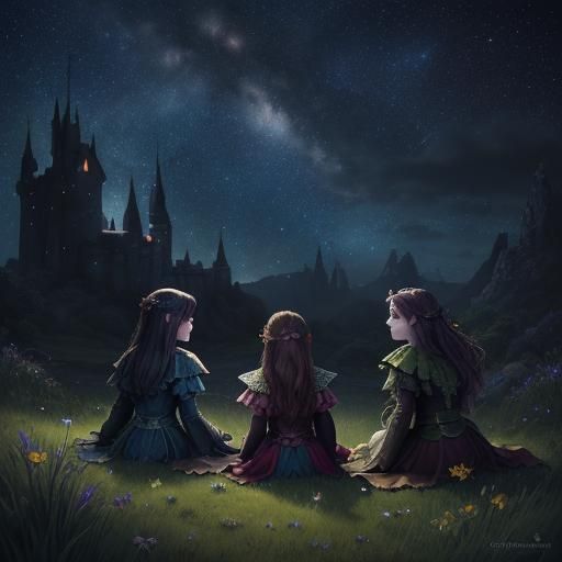 Fairies in Castle Garden Stargazing at Night