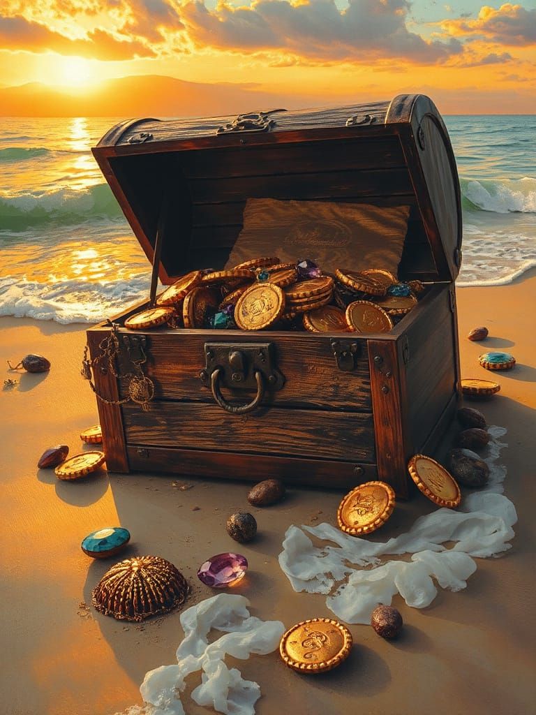 Sunset Treasure Chest on Beach as Oil Painting