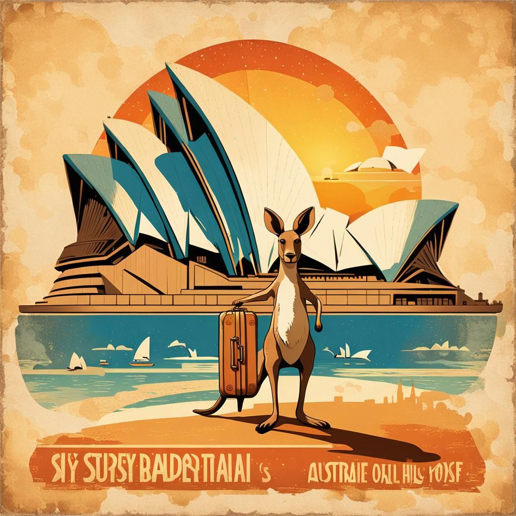 Vintage Travel Poster: Smiling Kangaroo in Sydney