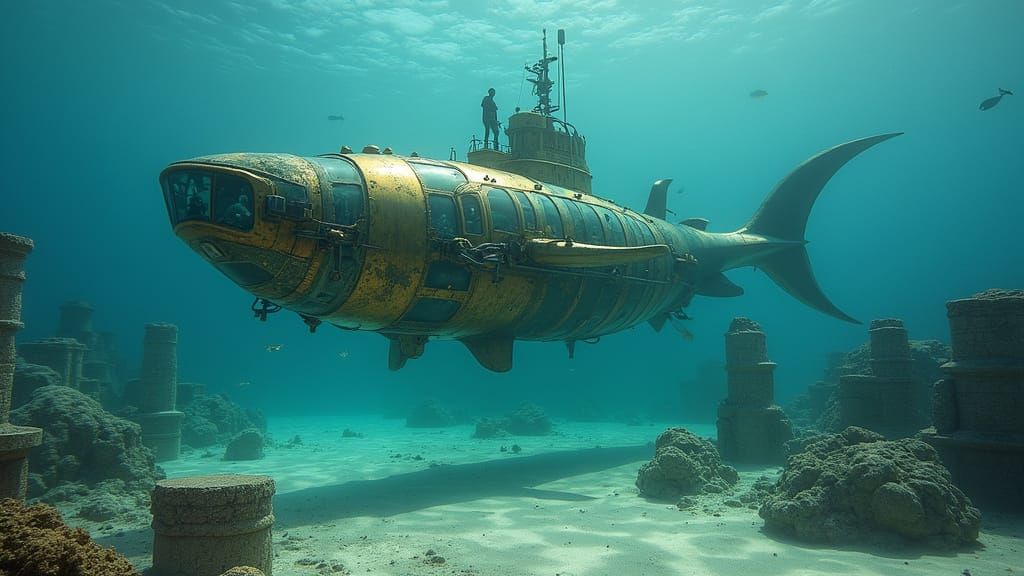 Steampunk Shark Submarine Explores Ancient Greek Ruins