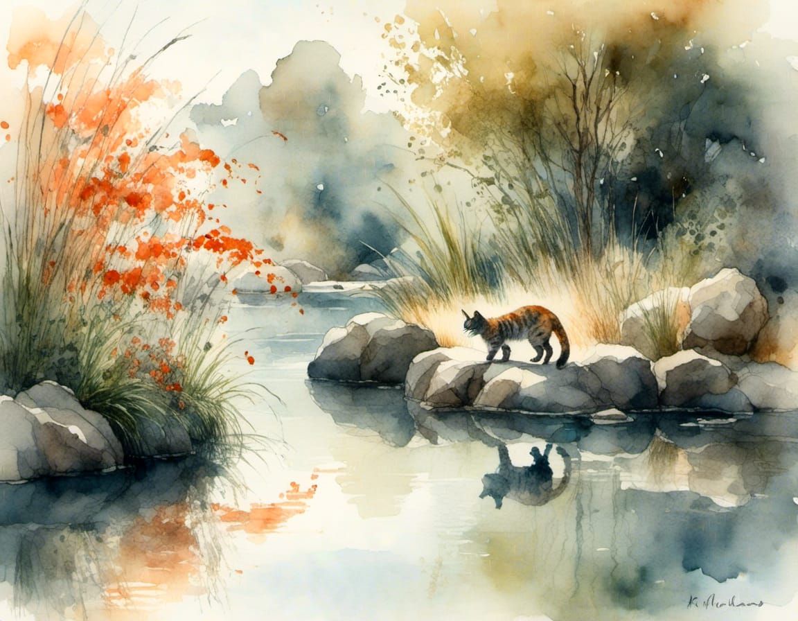 A cat staring at a koi fish in a koi pond.