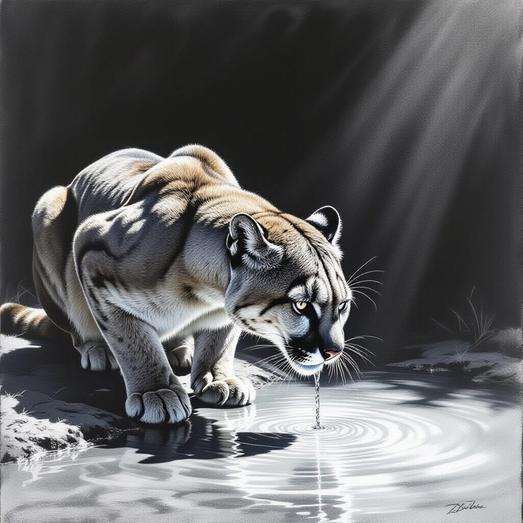 Puma Drinking Water in Dramatic Charcoal Drawing