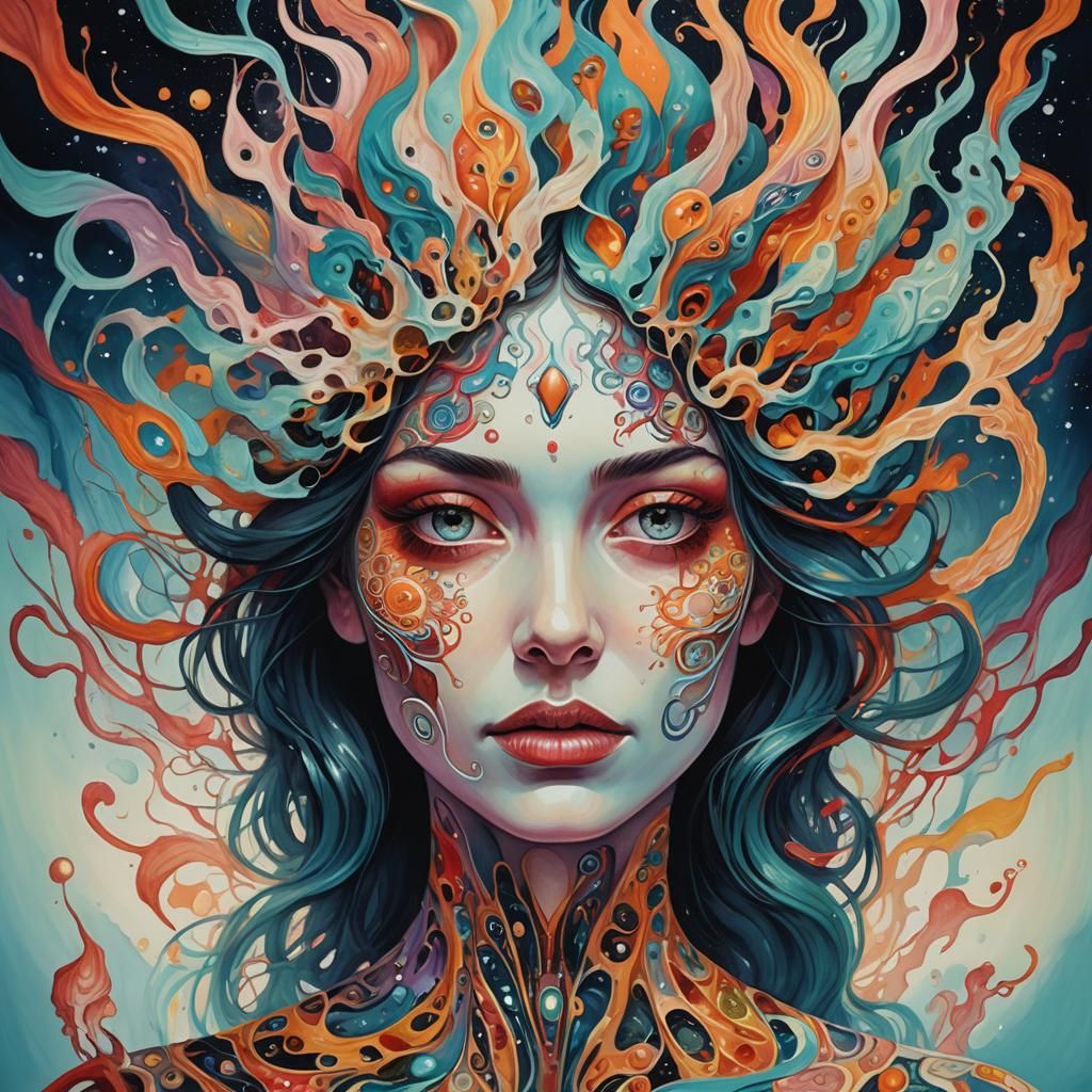 Woman with Surreal Face in Psychedelic Art Style
