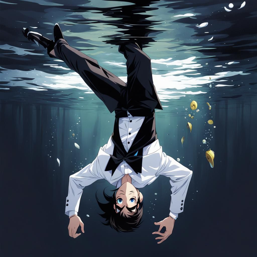 Man in Tuxedo Walks Upside Down: Anime Style