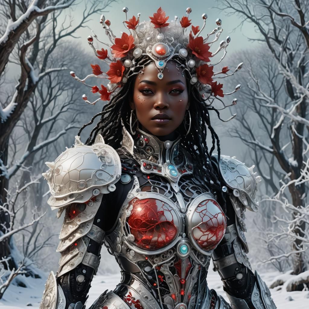 Ebony Cyborg Goddess in Snowy Landscape