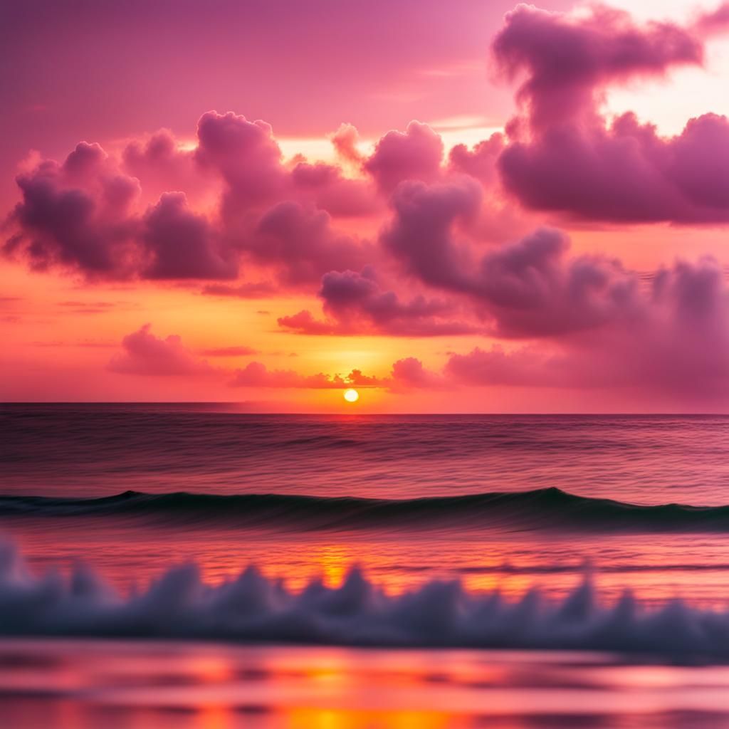 Vibrant Sunset Over the Sea with Rolling Waves