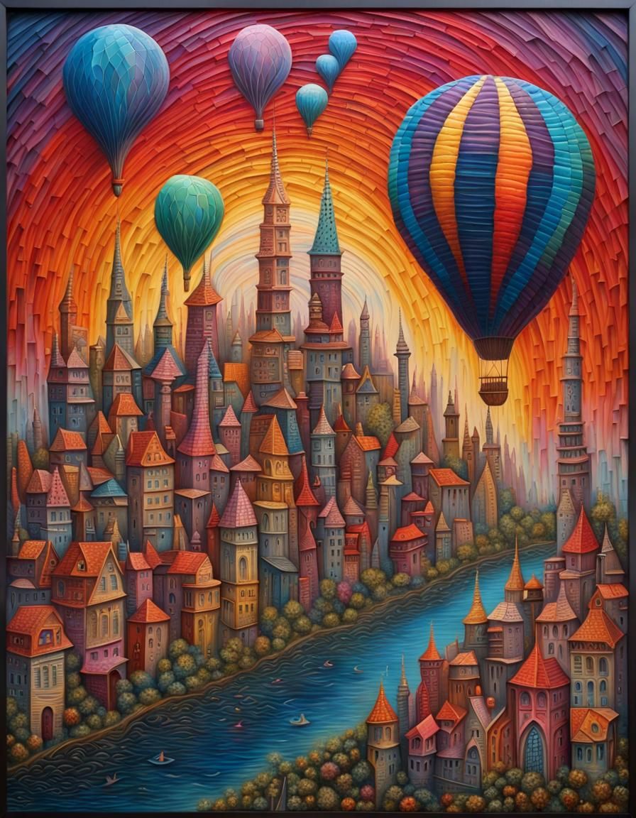 Fantasy Cityscape Carved Wood Pin Art