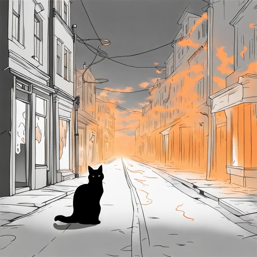 Cat Among Translucent Ghosts in Empty Street