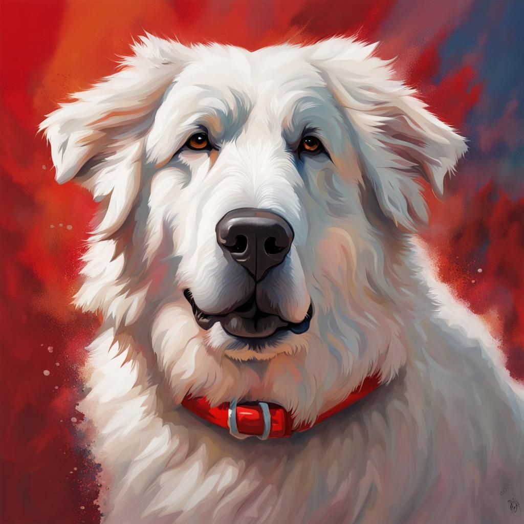 White great Pyrenees dog with red collar