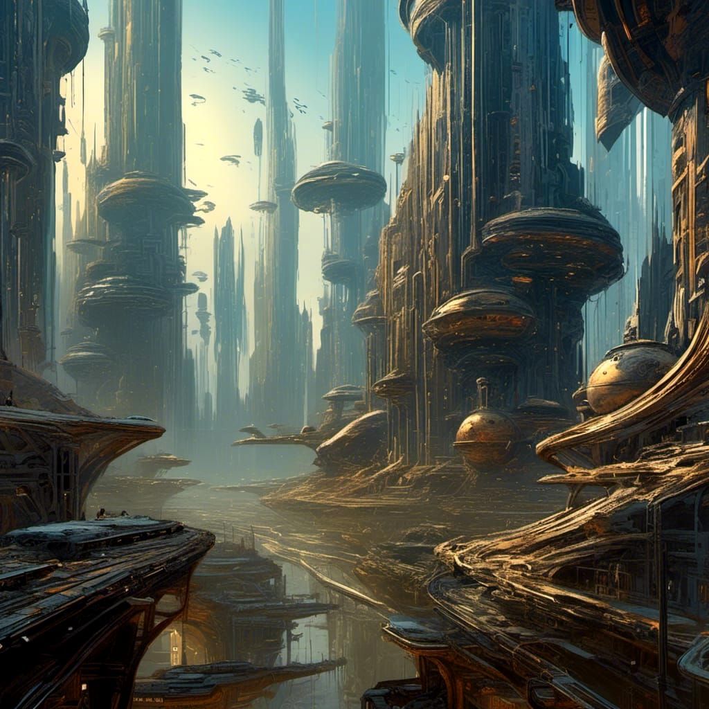 Epic Sci-Fi Megacity in Oil Painting Style