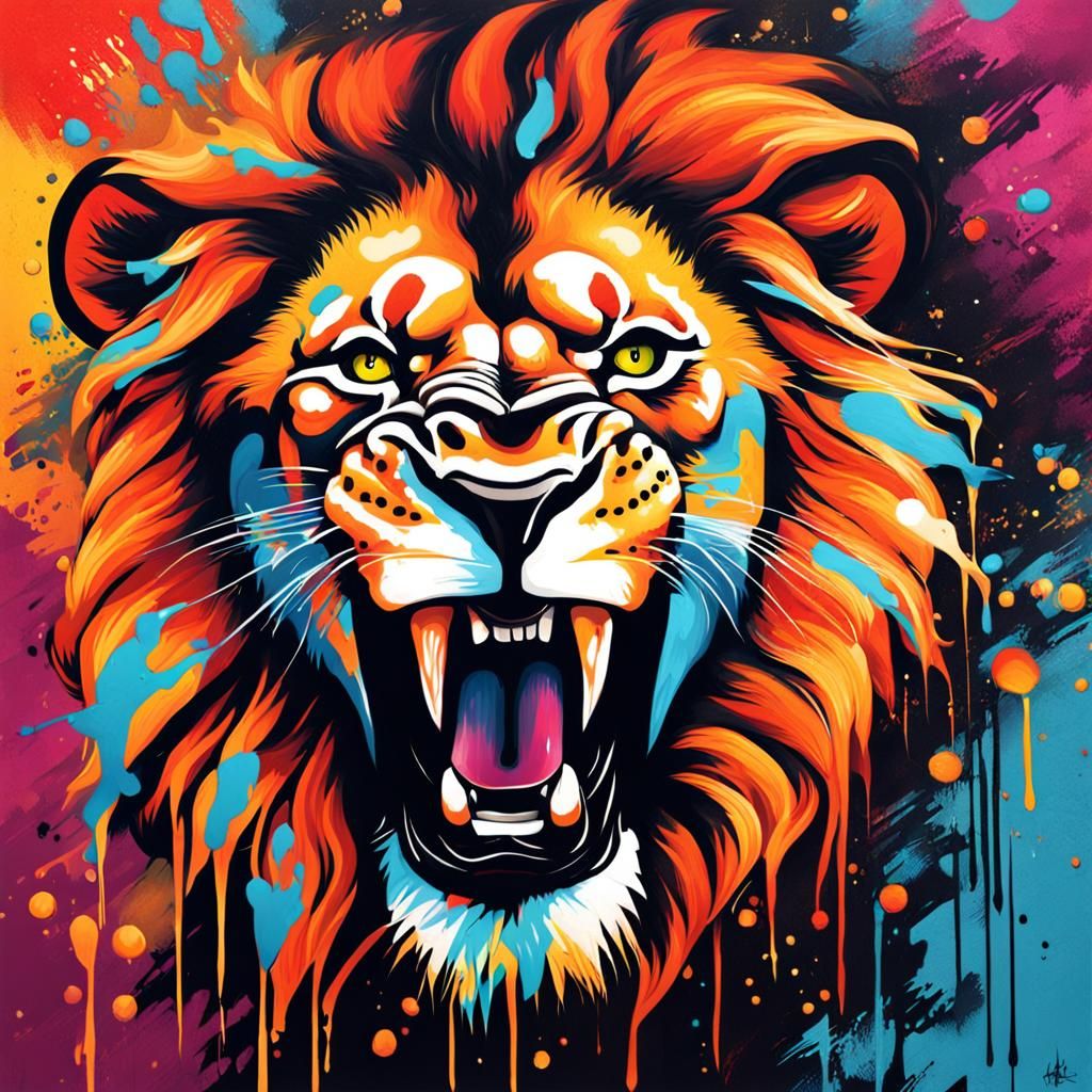 Lion Roaring Fire in Graffiti Art Style