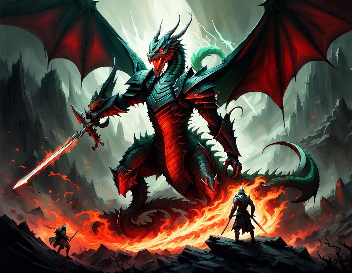 Epic Fantasy Knight Battles Dragon with Magic Sword