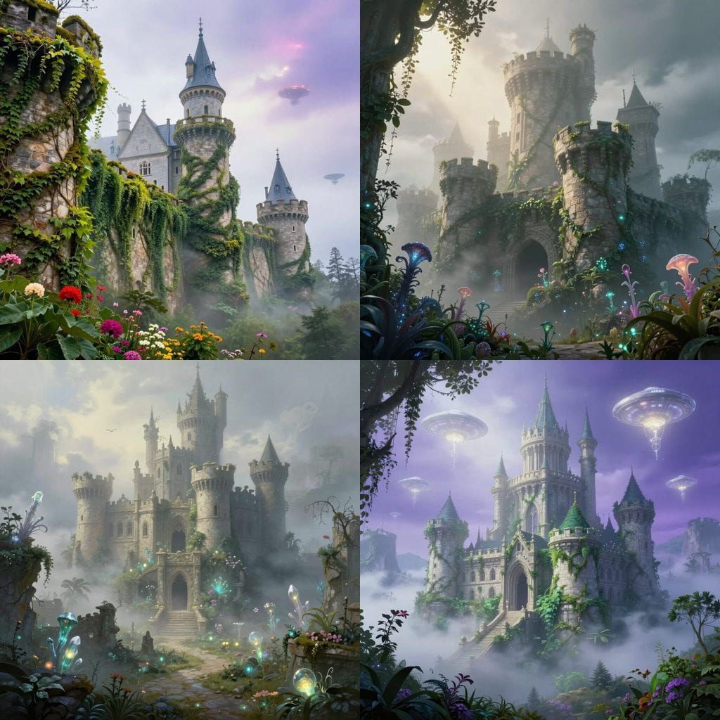 Ethereal Nature Reclaims Castle Amidst Alien Mist