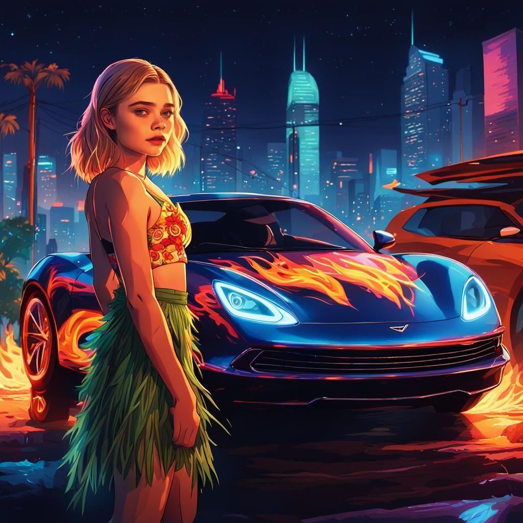 Woman in Skirt by Burning Sports Car