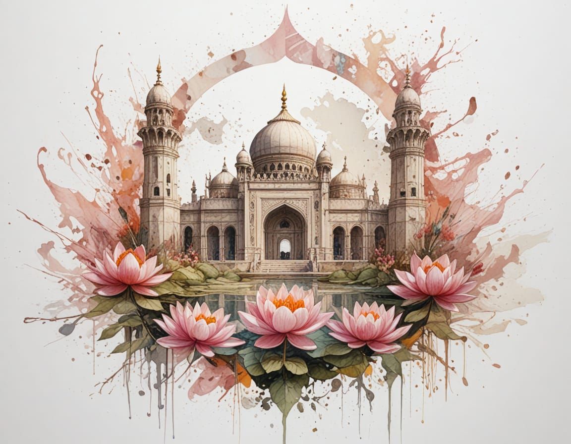 Gilded Castle Reflected in Lotus Lake at Dusk