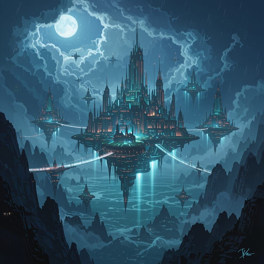 Floating City Over Stormy Ocean with Glowing Mist Bridges