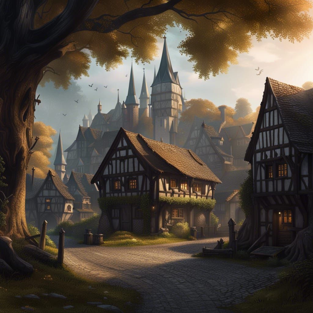 Medieval German Village in Gothic Dark Fantasy Style