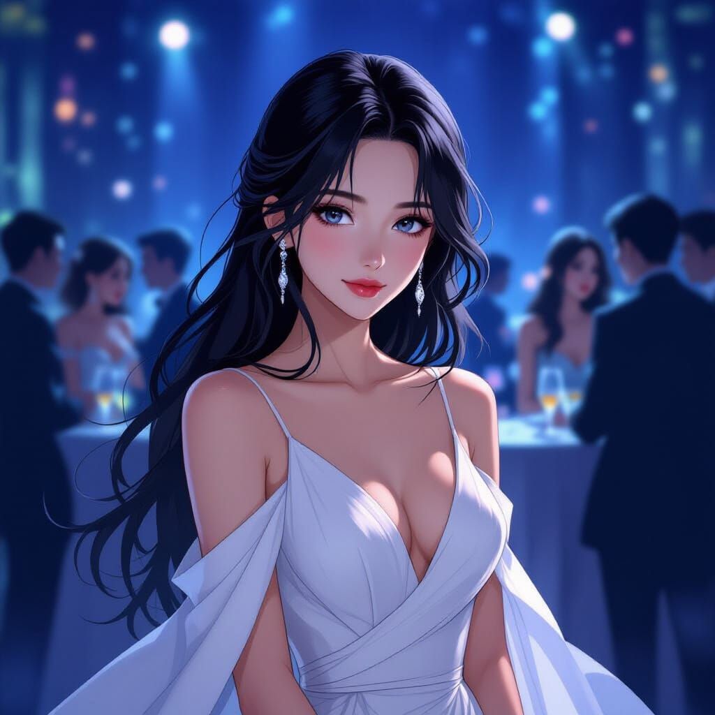 Elegant Woman at Midnight Party, Anime Style