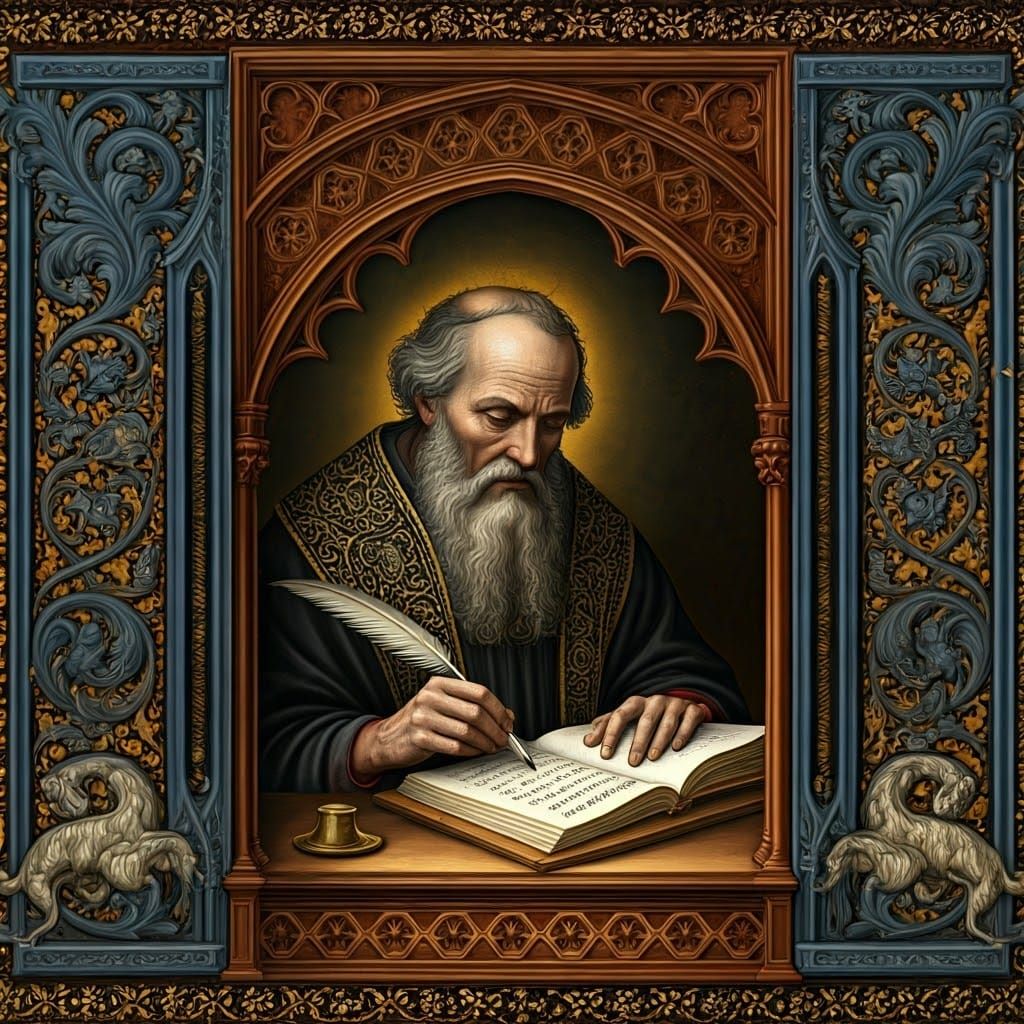 Gothic Evangelist in Ornate, Illuminated Manuscript