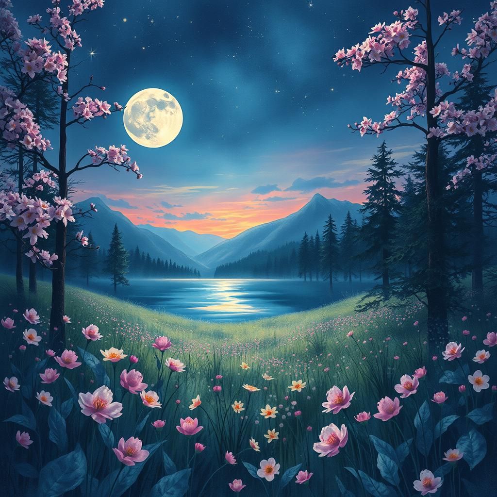 Moonlit Meadow: A Digital Watercolor Fantasy
