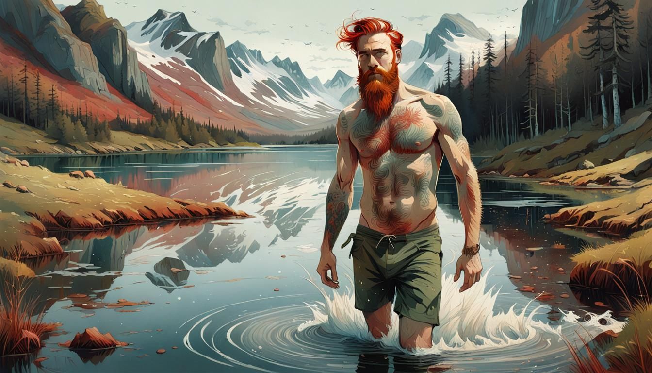 Redhead Hipster Emerges from Nordic Lake: Photorealistic Pai...