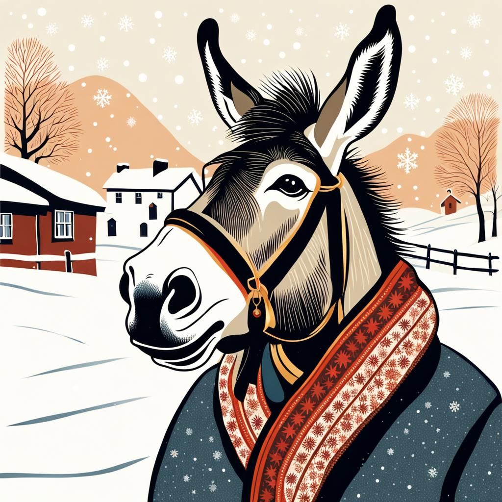 Donkey Portrait in Winter Village, Erté Style
