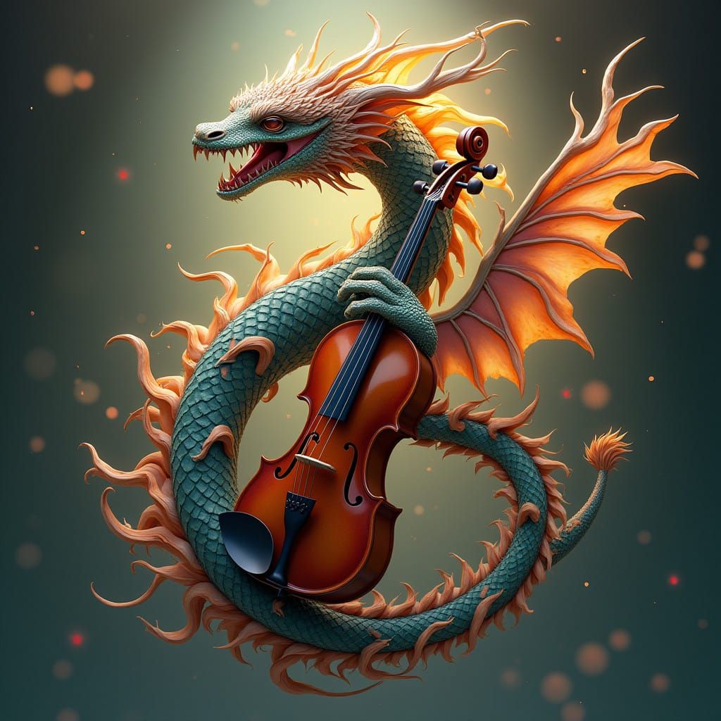 Serpentine Music Staff Chimera Envelops a Violin in Art Nouv...