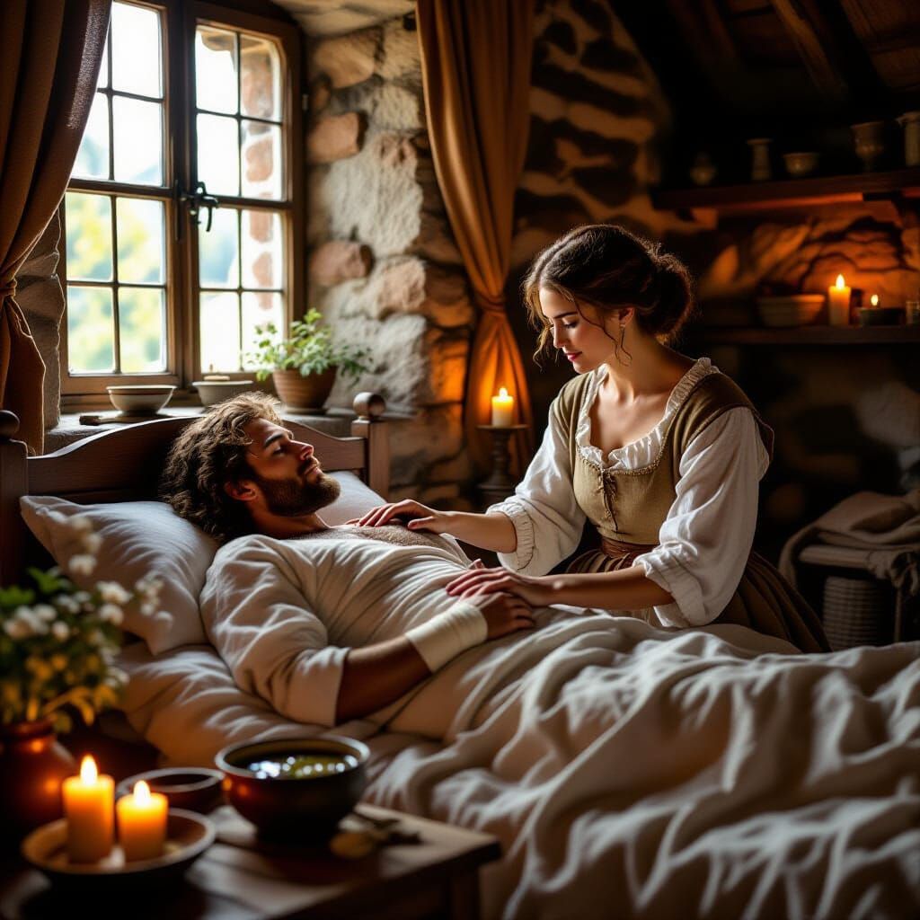 Medieval Sickroom Scene with Healer and Patient
